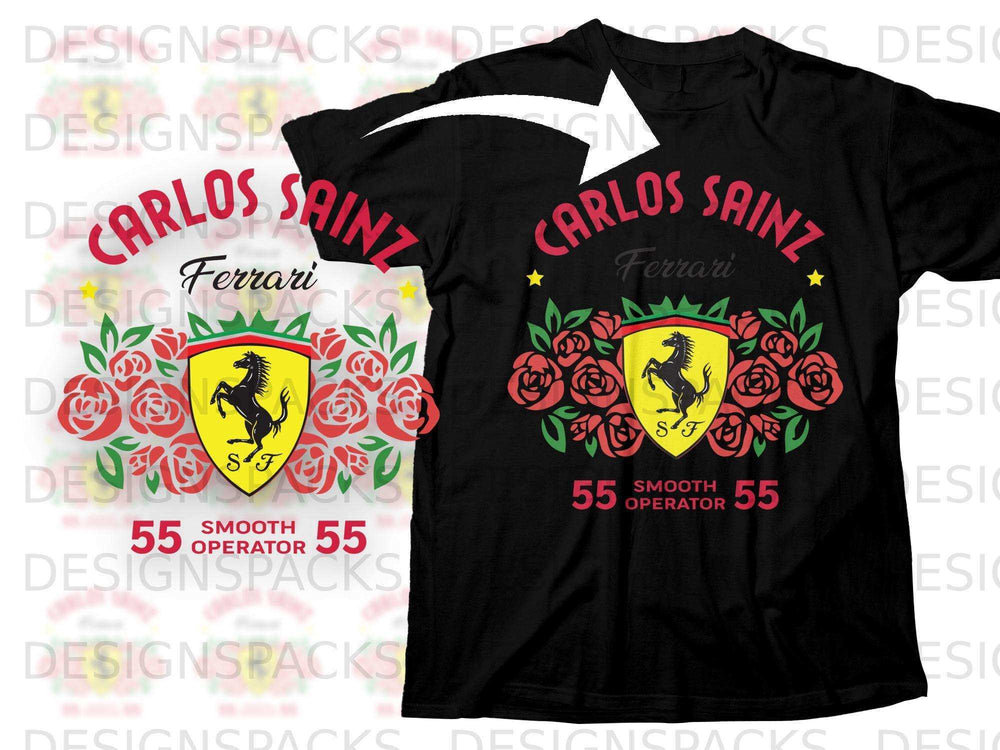 Carlos Sainz Ferrari t-shirt with roses and "Smooth Operator 55" text.