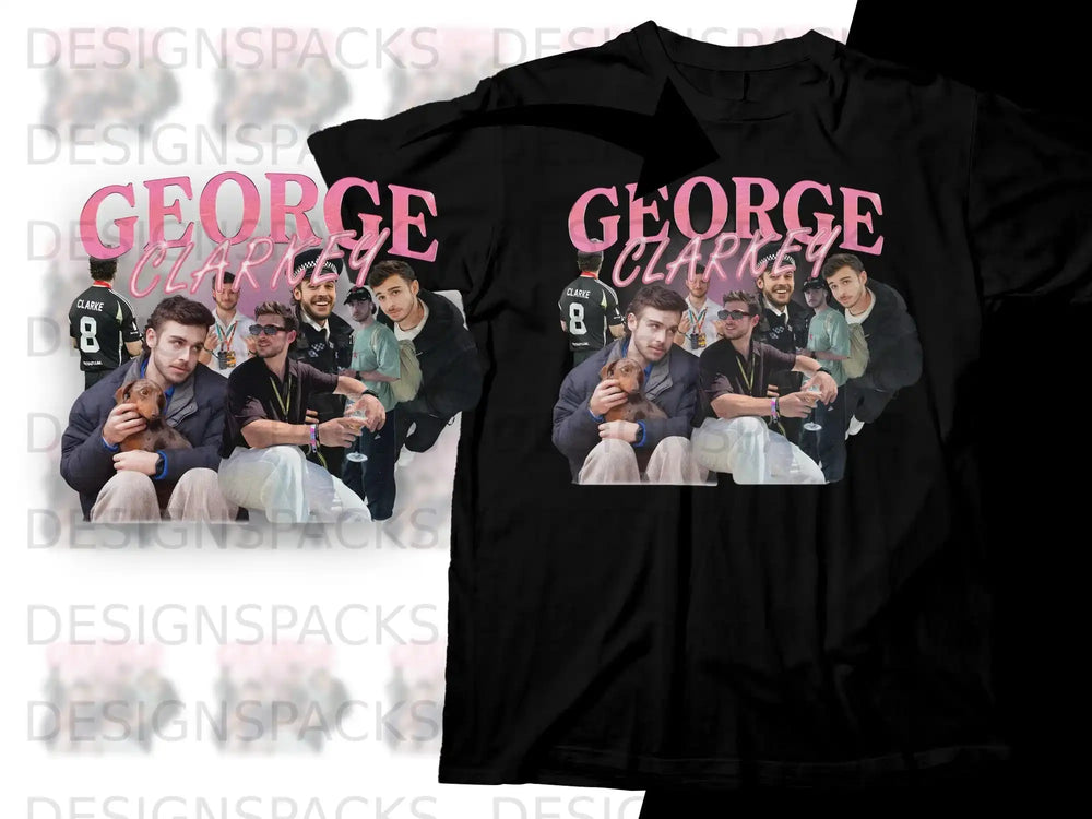 T-shirt design with "GEORGE CLARKE" text and photo of a man with two other men.