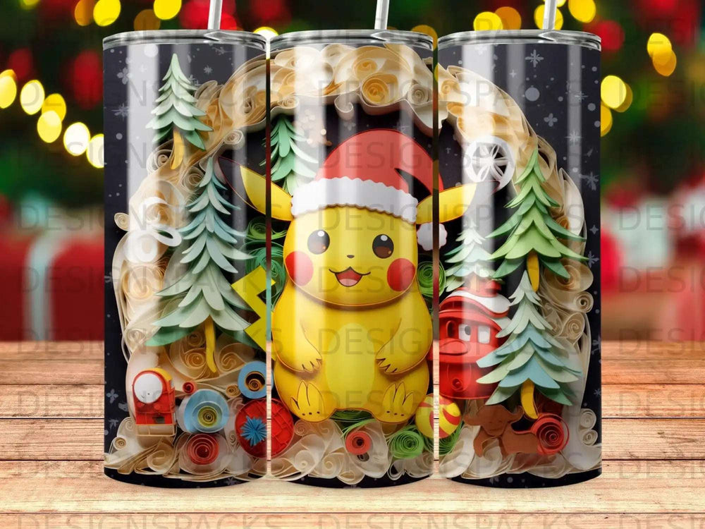 Pikachu wearing a Santa hat with Christmas trees and festive decorations.