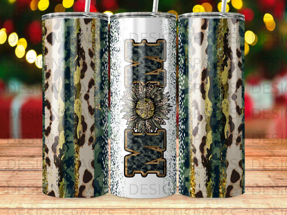 Tumbler with "MOM" text, sunflower, and camouflage pattern.