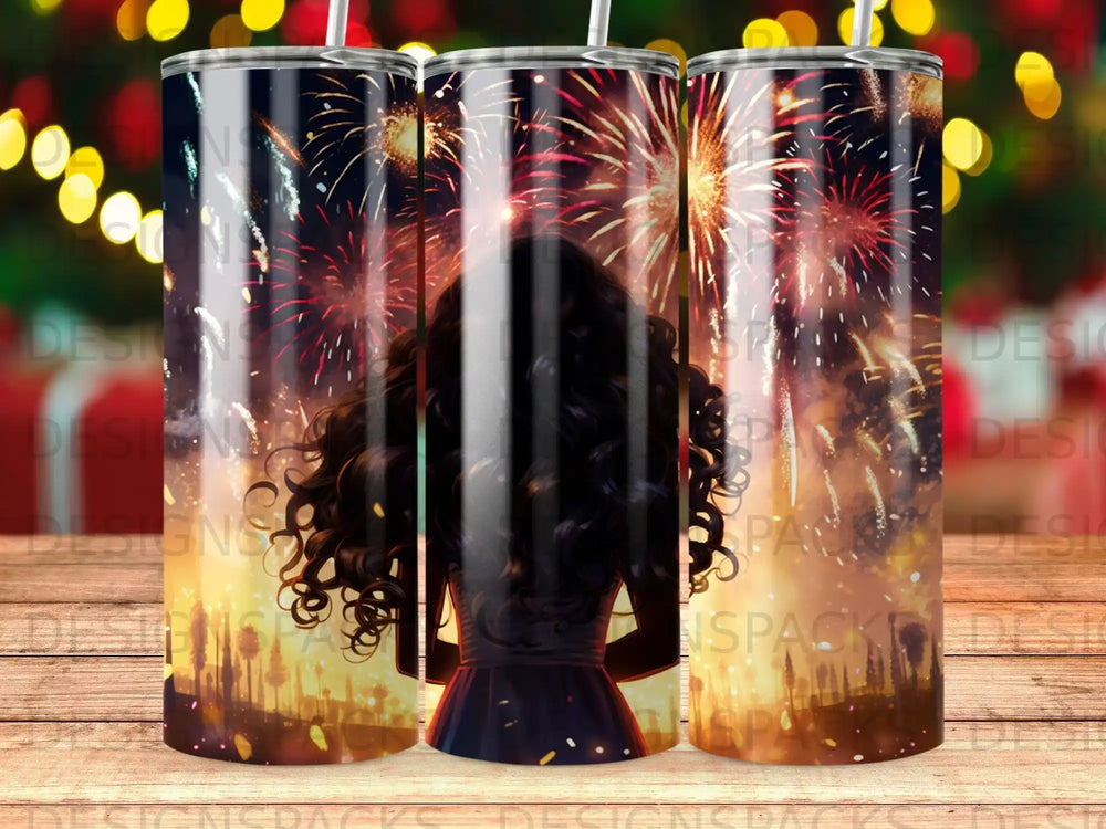 Woman with dark curly hair watching fireworks display.