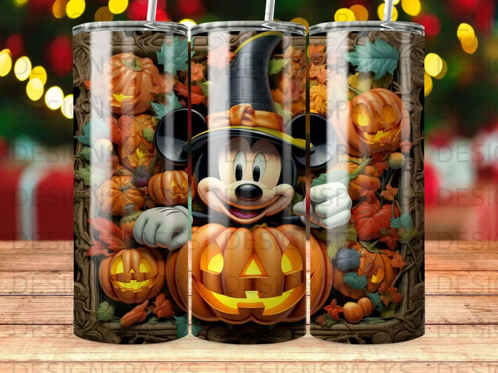 Mickey Mouse in witch hat with pumpkins and autumn leaves.