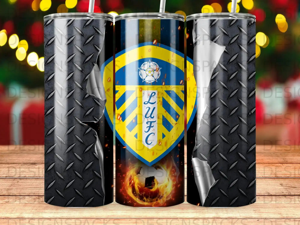 Leeds United FC logo with soccer ball on a black diamond plate tumbler.