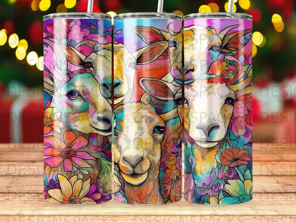 Colorful watercolor kangaroo and sheep floral pattern on a tumbler.