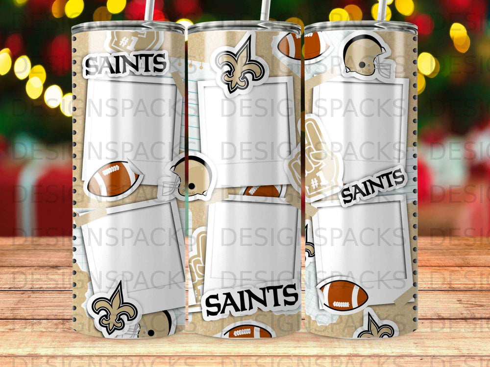 New Orleans Saints themed tumbler with football and hashtag graphics.
