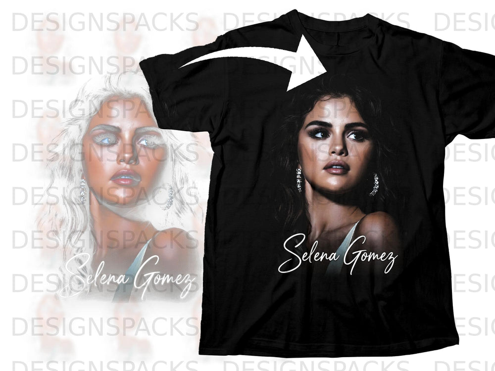 Black t-shirt with portrait of Selena Gomez and her name.