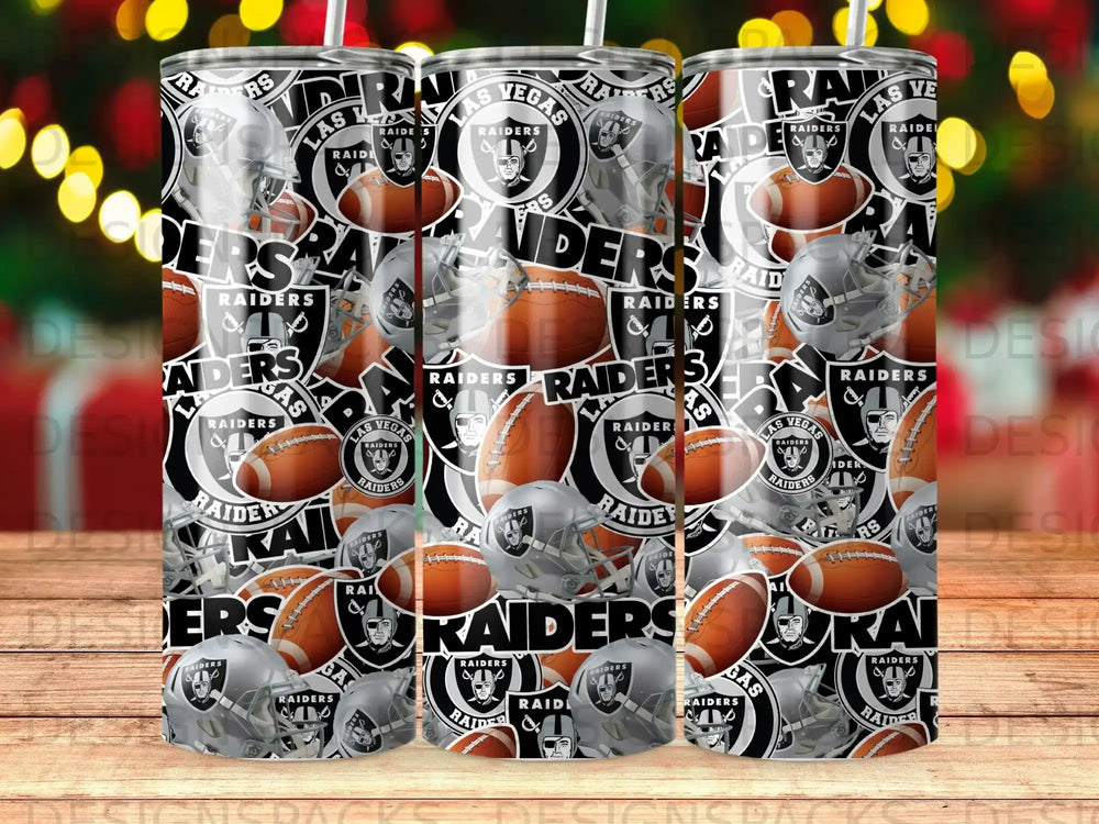 Las Vegas Raiders logo and football helmets pattern on tumblers.