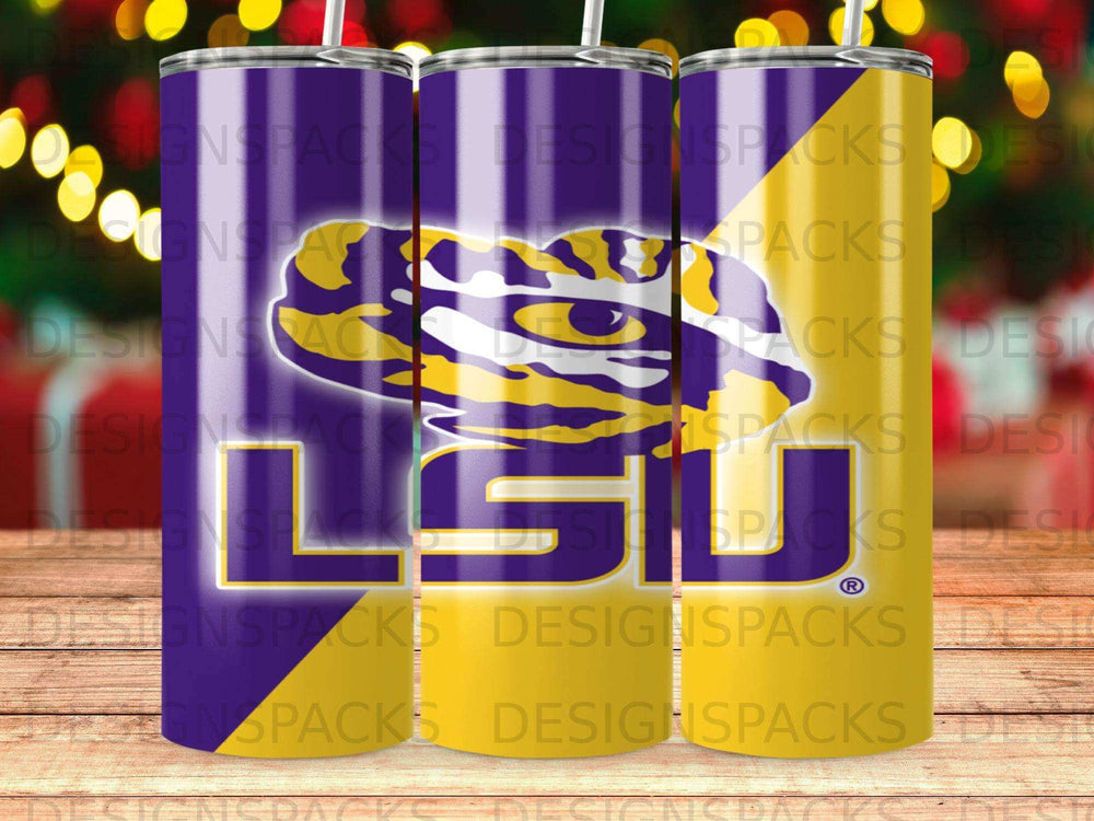 Tumbler with LSU logo and purple and gold stripes.