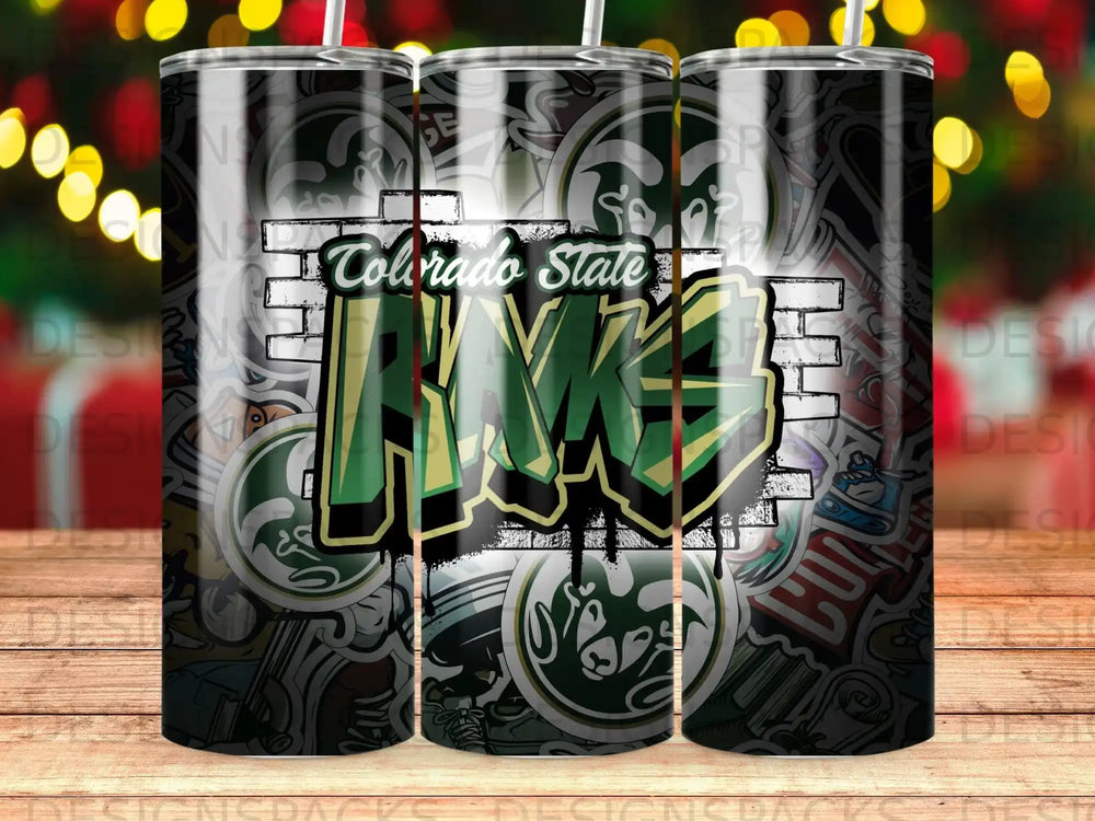 Colorado State Rams graffiti logo on a tumbler with a sticker background.