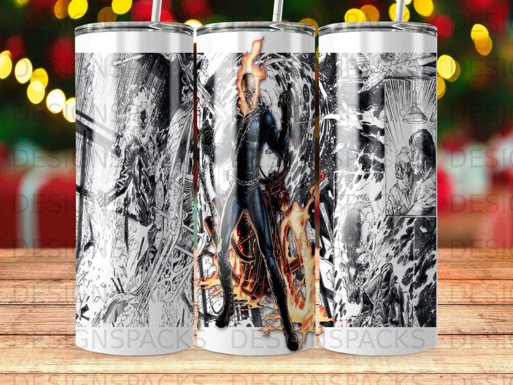 Ghost Rider comic art on a tumbler with fiery effects.
