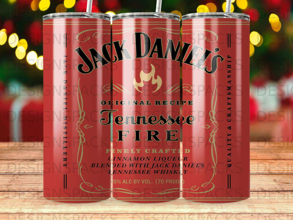Jack Daniel's Tennessee Fire whiskey bottle label with flames design.