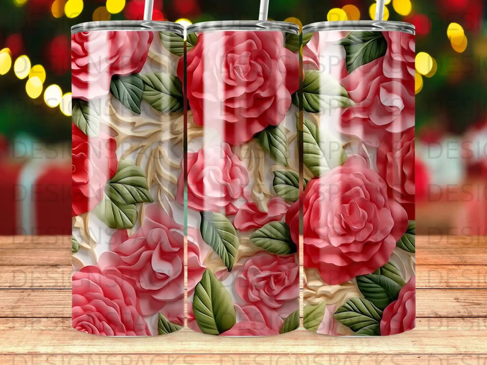 Pink roses and green leaves on a white background.