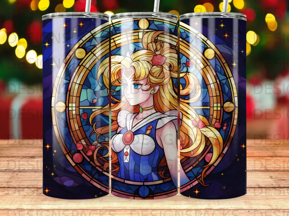 Sailor Moon stained glass design on three tumblers.