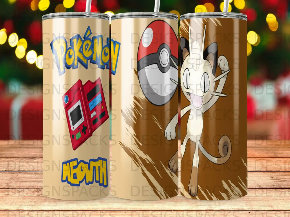 Pokemon Meowth and Pokeball design on three insulated tumblers.