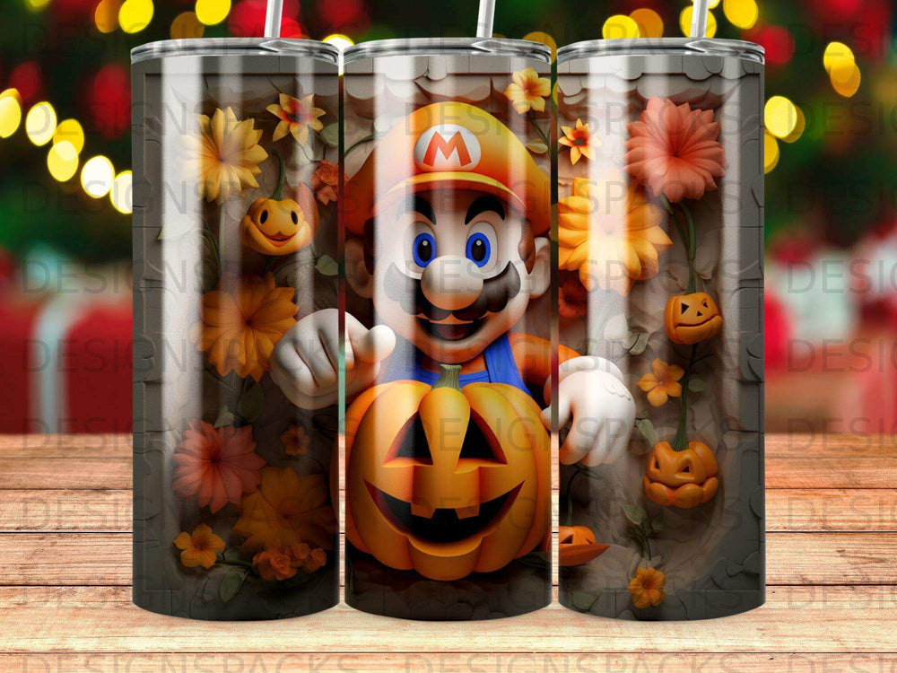 Mario character holding a pumpkin with fall foliage and bokeh lights.