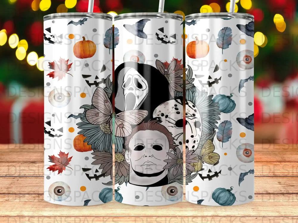 Halloween themed tumbler with Ghostface, Michael Myers, and spooky designs.