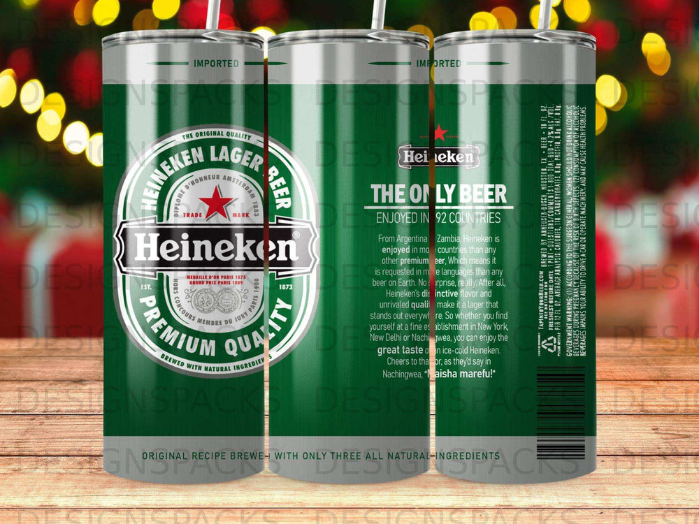 Heineken lager beer can with green and red logo, text about 92 countries.