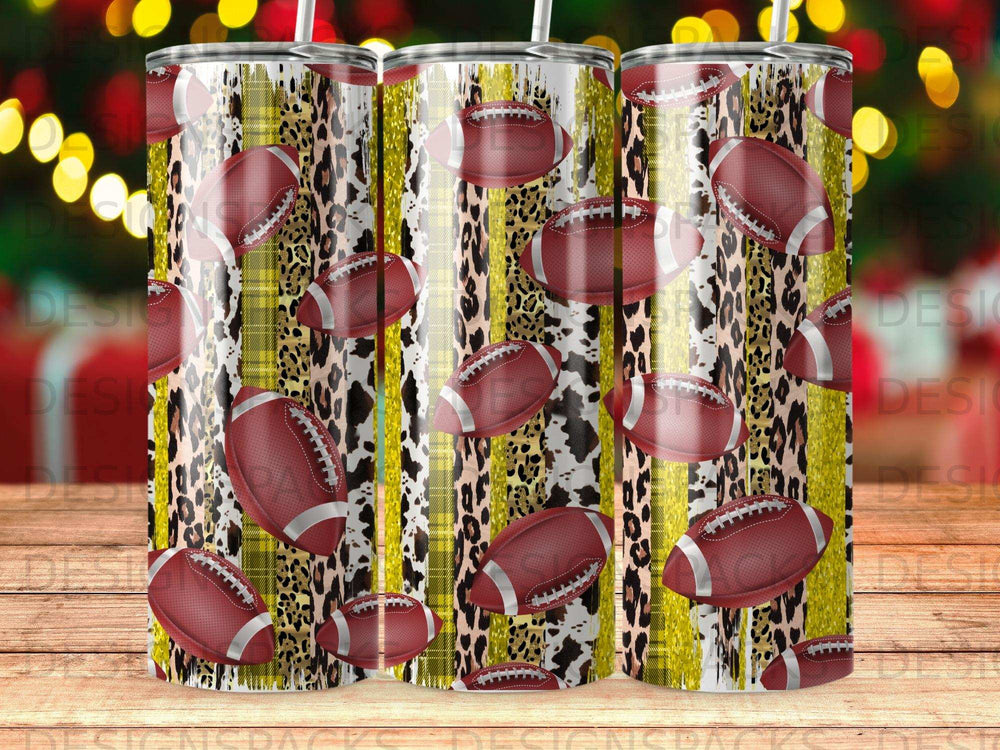 Tumbler with footballs, leopard print, and yellow plaid design.