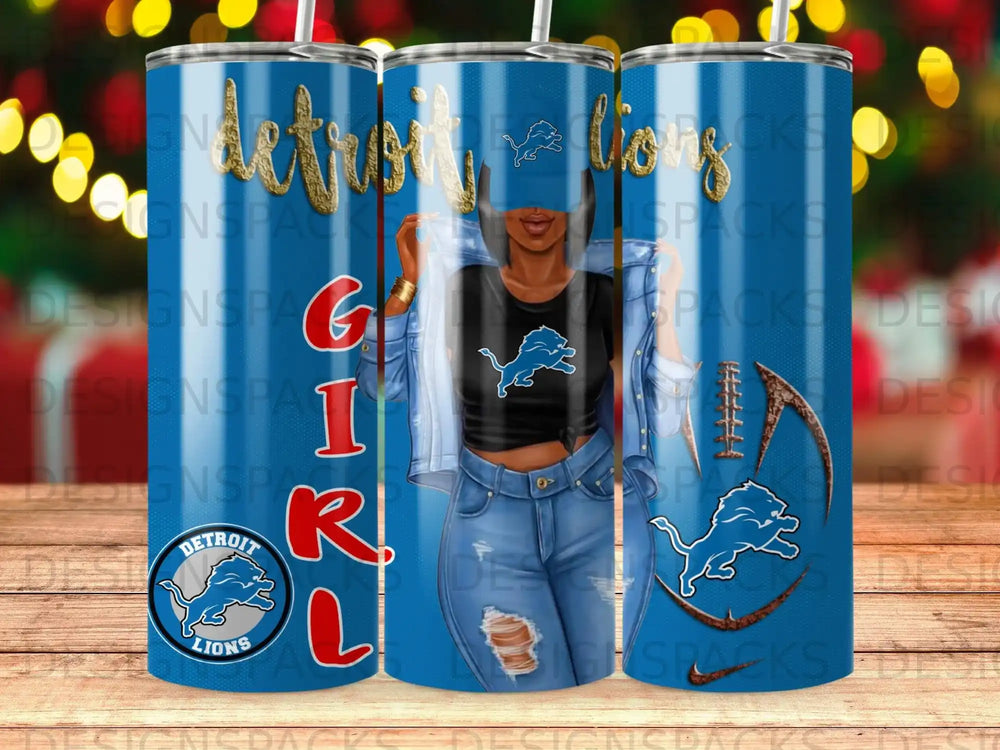 Detroit Lions girl in denim jacket and jeans on a tumbler.