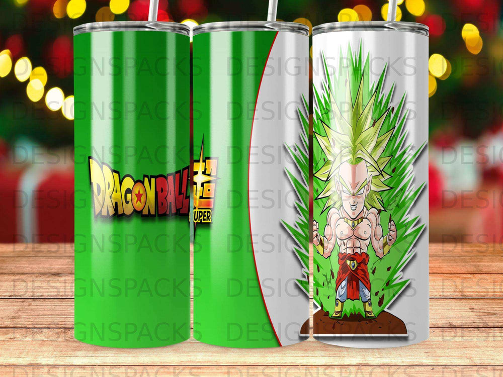 Dragon Ball Z Broly character art on a green and white patterned tumbler.