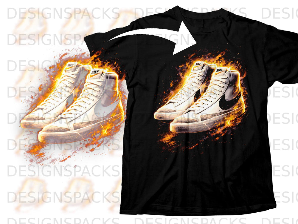 Black t-shirt with a fiery graphic of two white Nike high-top sneakers.