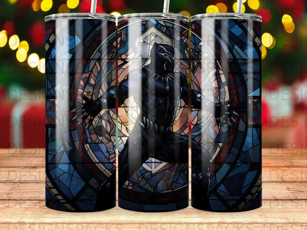 Black Panther character in stained glass design on a tumbler.