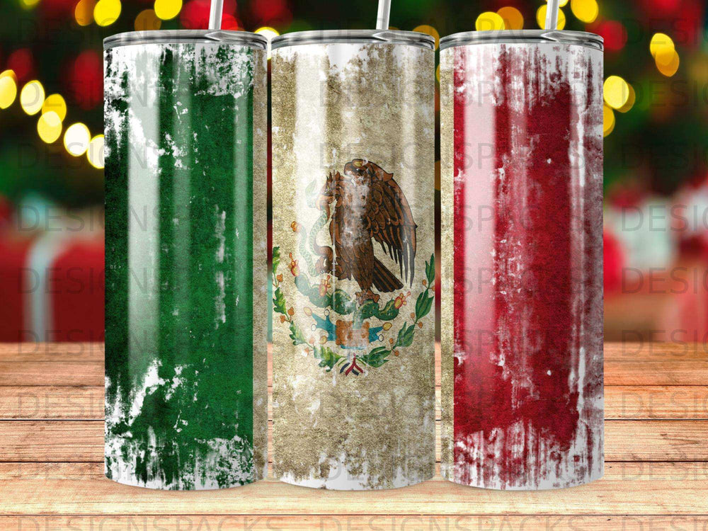 Three distressed tumblers with the Mexican flag design.