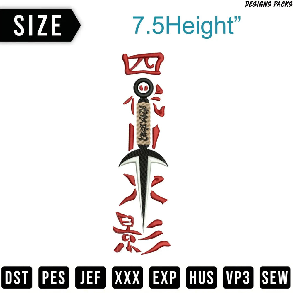 Kunai embroidery design with "7.5Height" and file formats.