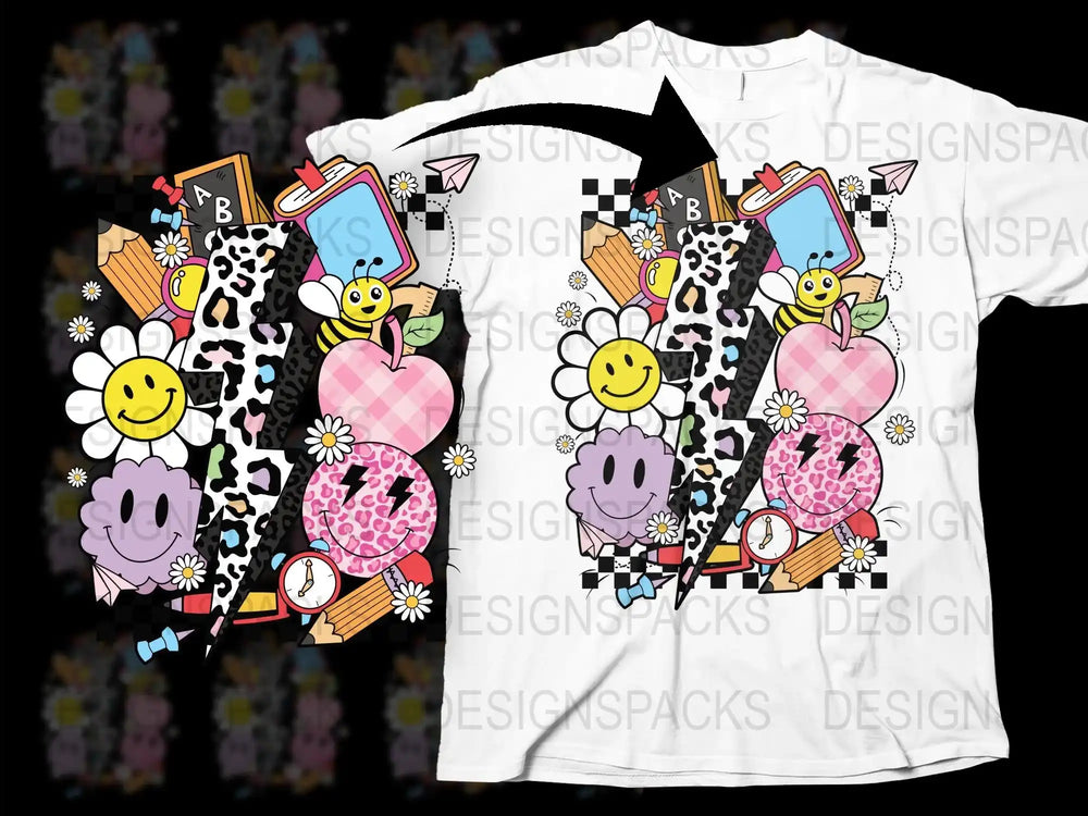 Colorful Cartoon Fruit and Smiley Faces Graphic T-Shirt, Fun Patterned Kids' Tee, Trendy All-Over Print Shirt for Children