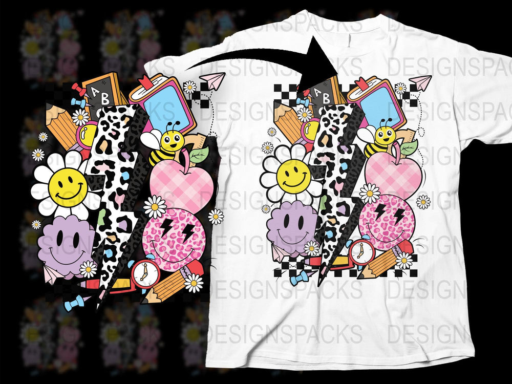 Colorful Cartoon Fruit and Smiley Faces Graphic T-Shirt, Fun Patterned Kids' Tee, Trendy All-Over Print Shirt for Children
