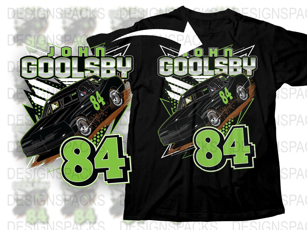 John Goolsby Racing T-Shirt, Number 84 Graphic Car Design, Black and Green Tee, Motorsport Apparel for Fans