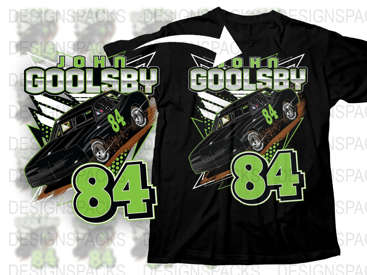 John Goolsby Racing T-Shirt, Number 84 Graphic Car Design, Black and Green Tee, Motorsport Apparel for Fans