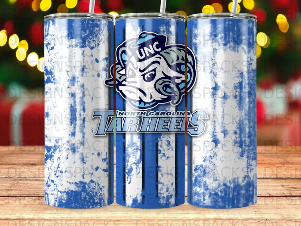 UNC Tar Heels tumbler with team logo and blue stripes.