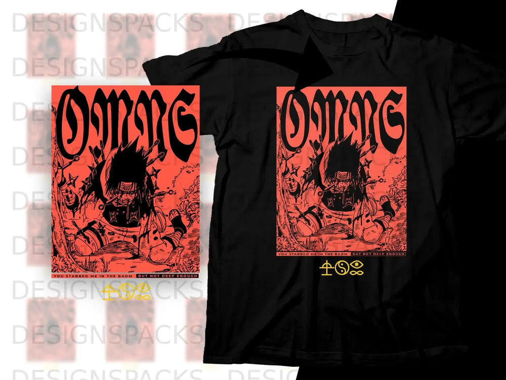 Black t-shirt with "OMNG" logo and anime-style character graphic.