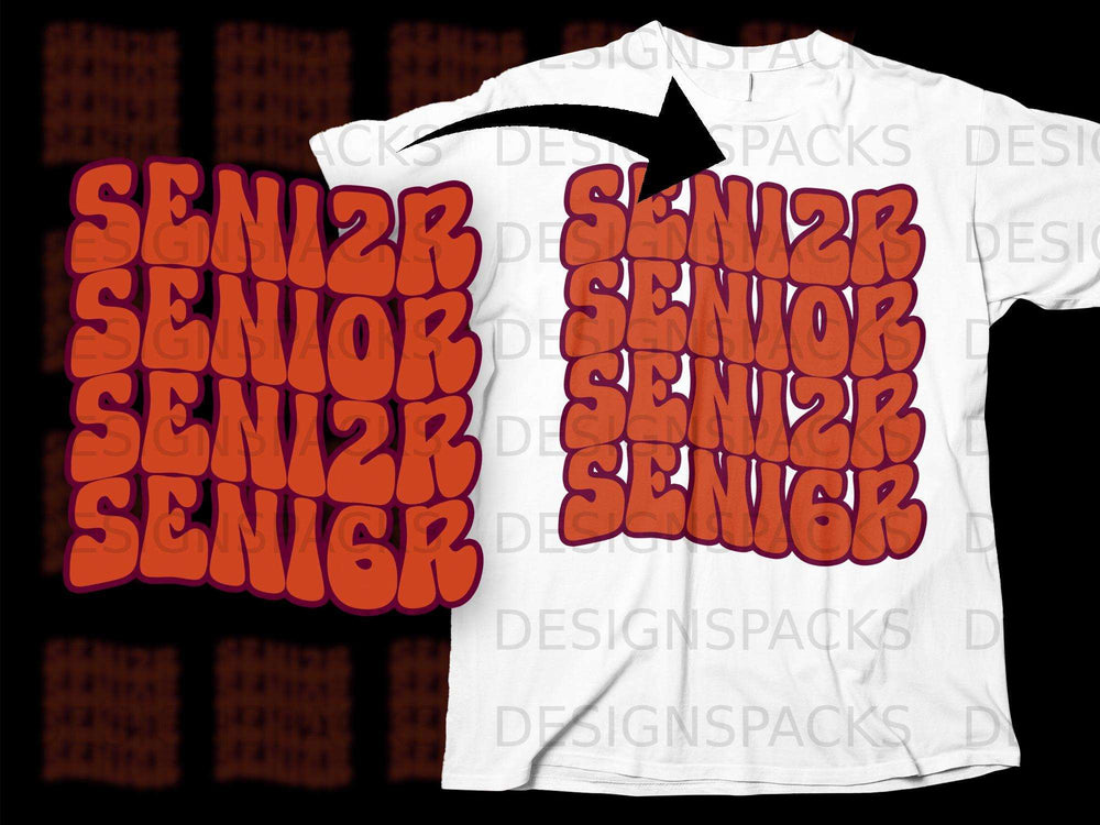 Distressed orange "SENIOR" text repeated on a white t-shirt.