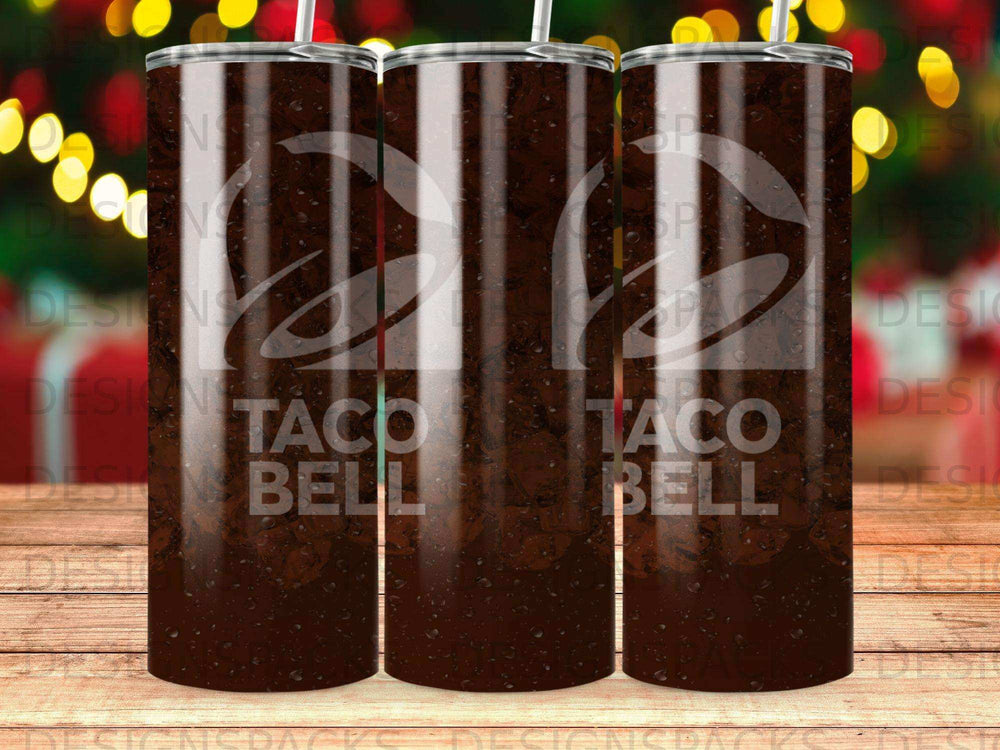 Taco Bell logo on a brown tumbler with water droplet texture.