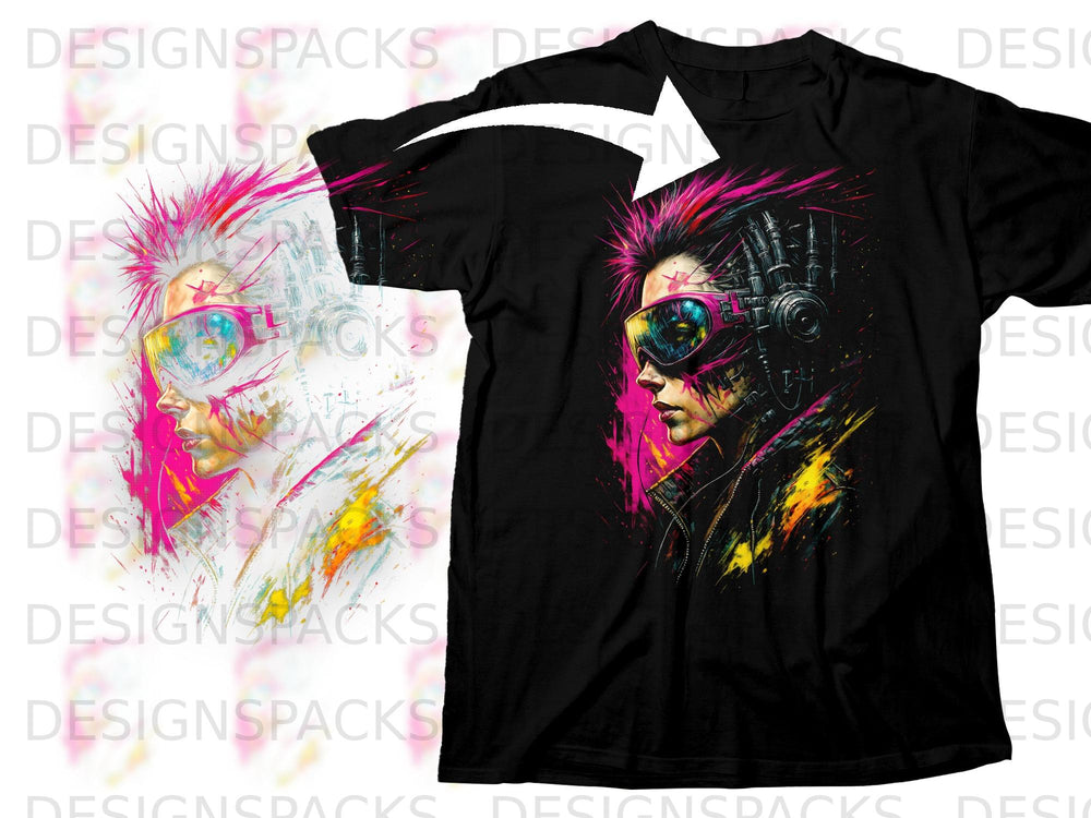 Black t-shirt with cyberpunk art of a person with pink mohawk and goggles.