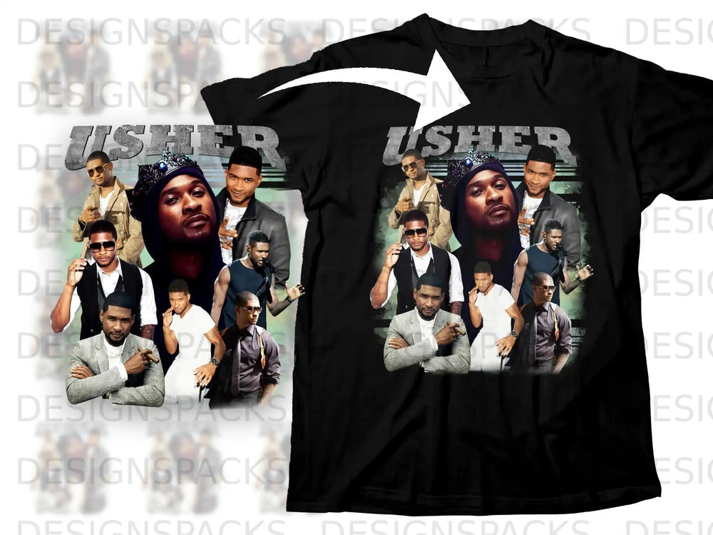 Usher album cover graphic on a black t-shirt with multiple Usher portraits.