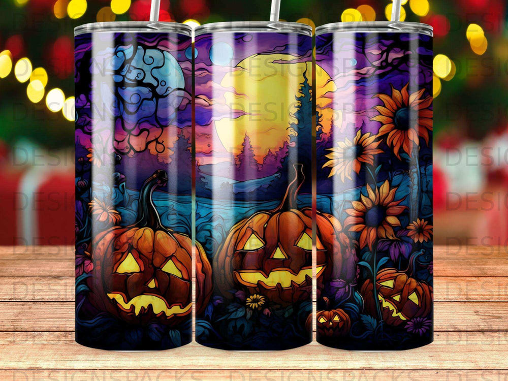 Halloween tumbler with pumpkins, sunflowers, and moonlit night scene.