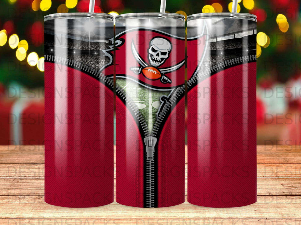Tampa Bay Buccaneers logo on a zippered tumbler with stadium background.