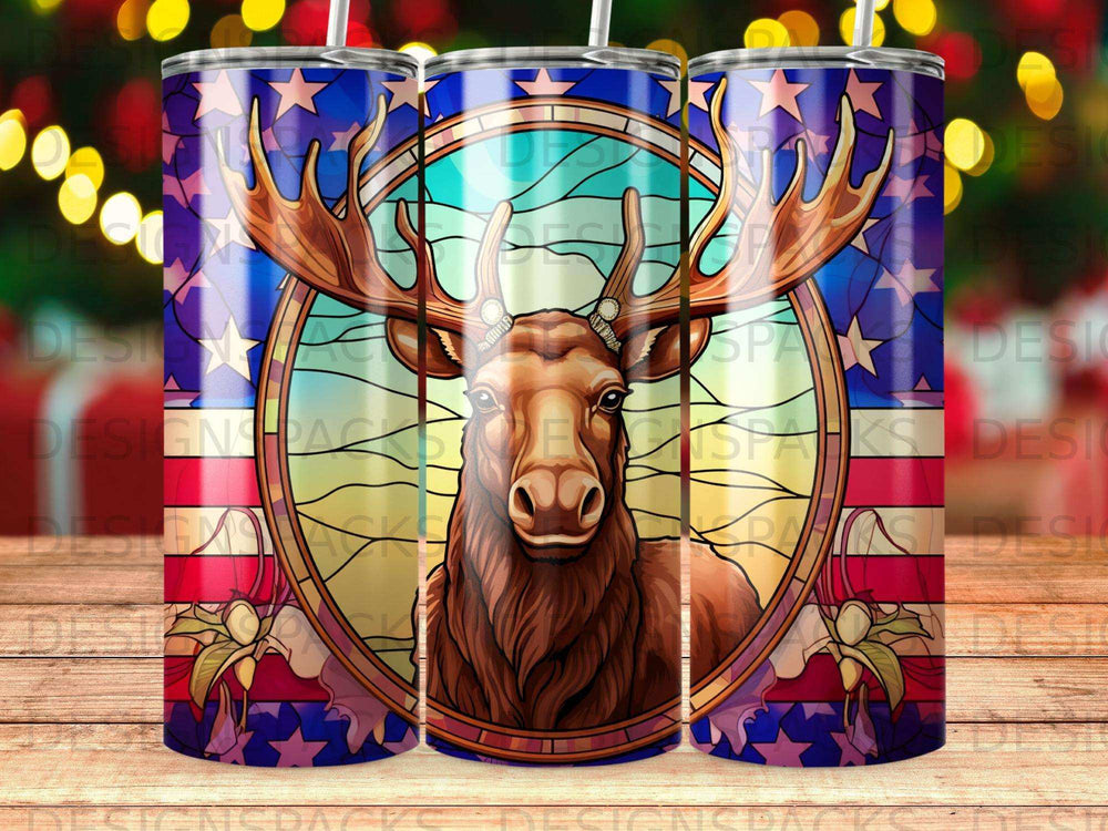 Moose in stained glass design with stars and stripes pattern.