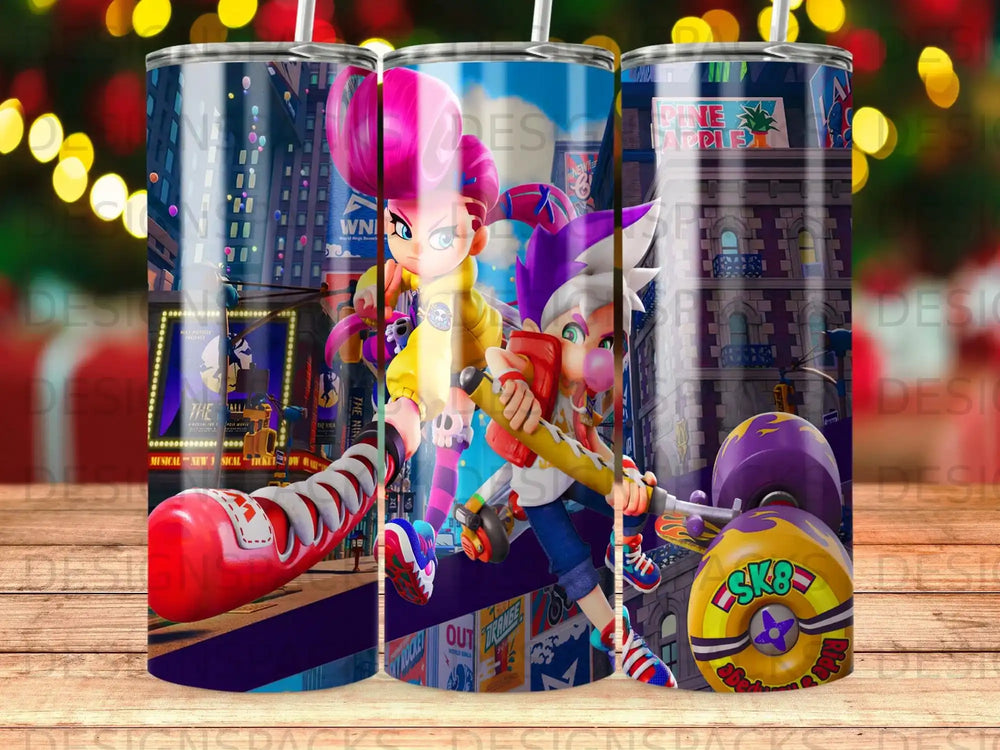 Two characters, one with purple hair and one with pink hair, in a city scene.