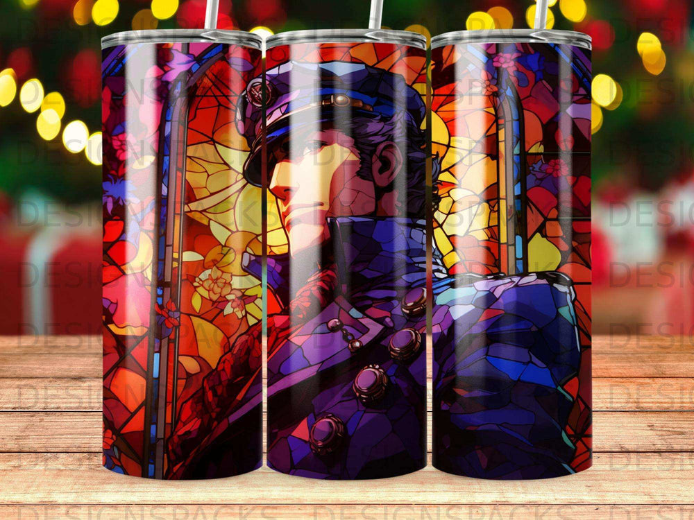 Stained glass design of a man in a uniform, detailed and colorful.