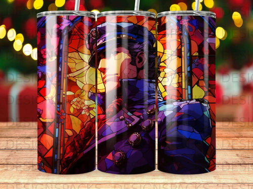 Stained glass design of a man in a uniform, detailed and colorful.