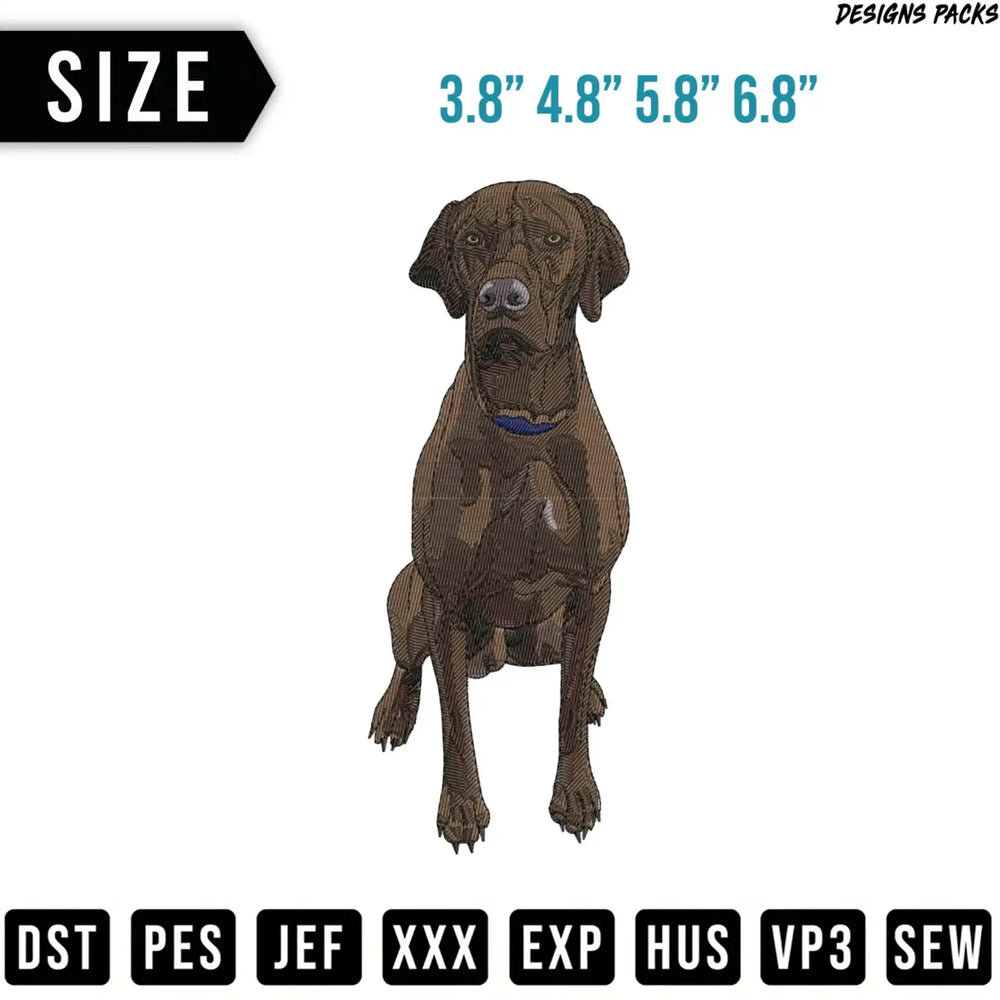 Brown dog embroidery design with size options and file formats.