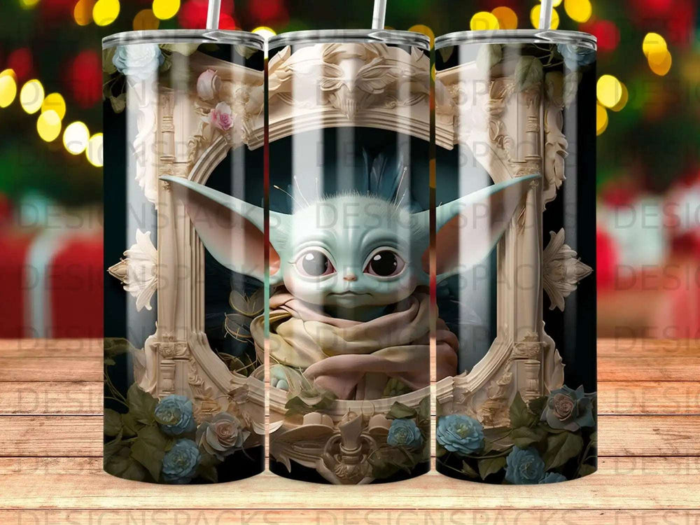 Grogu from The Mandalorian in a decorative frame with floral accents.