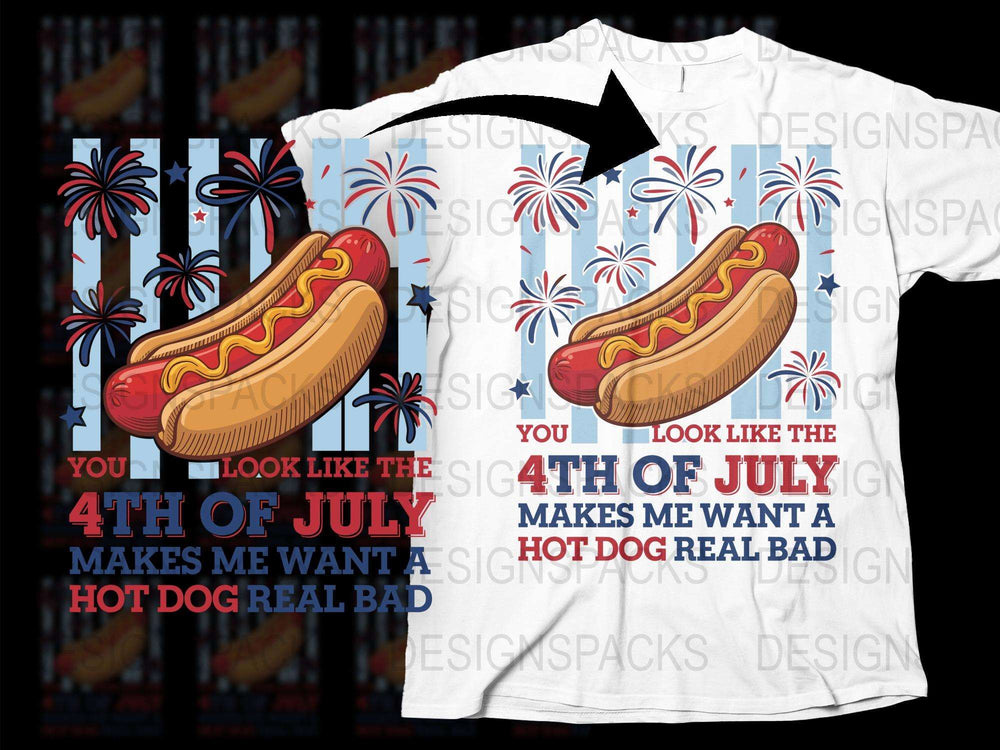 4th of July Hot Dog T-Shirt Firework Graphic Patriotic Summer BBQ Party Tee White