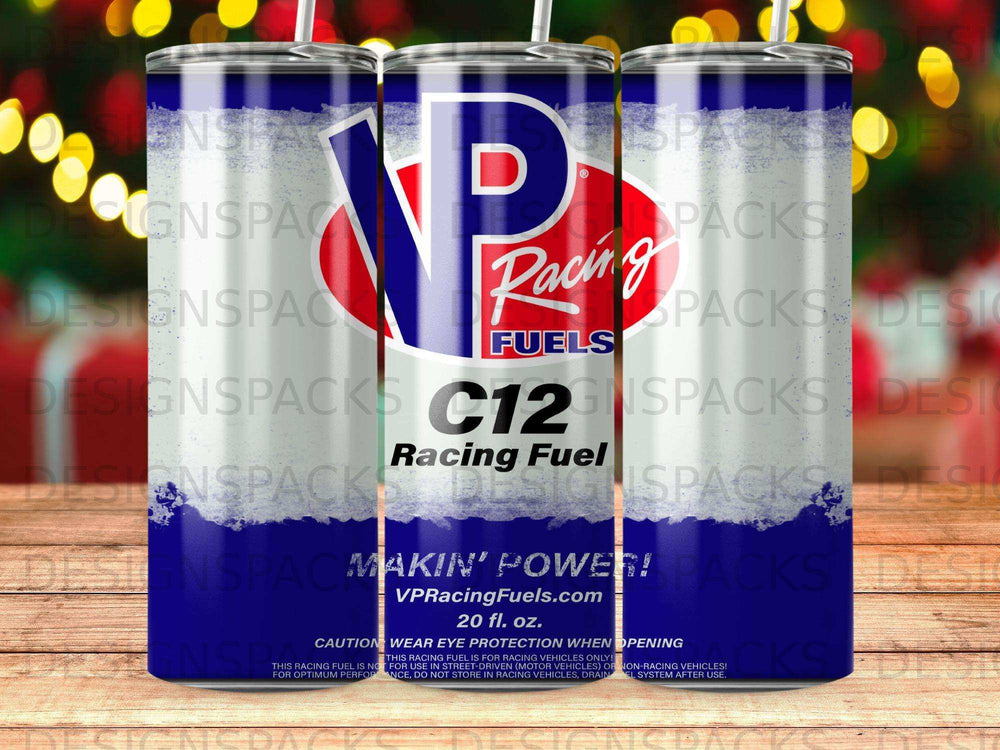 Vortec C12 Racing Fuels 20 fl. oz. tumbler with caution and usage information.