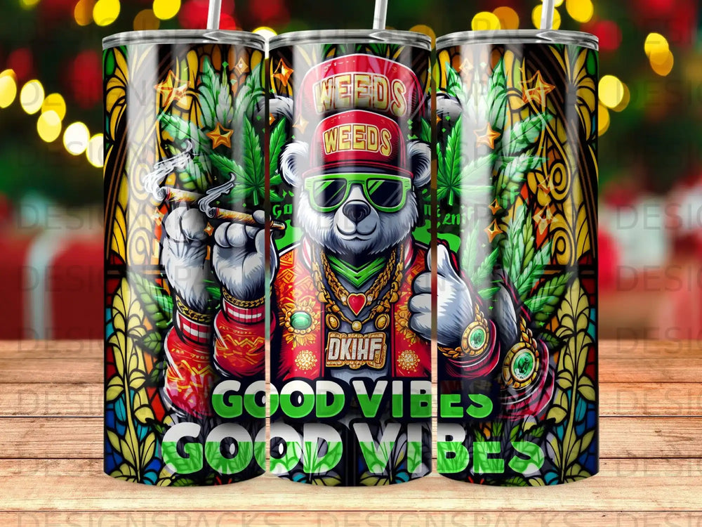 Bear in sunglasses smoking a joint, with "Good Vibes" text and cannabis leaves.
