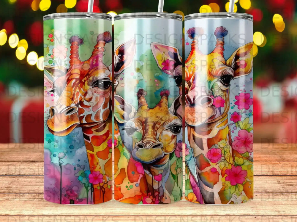Three giraffes with floral accents on colorful tumblers.